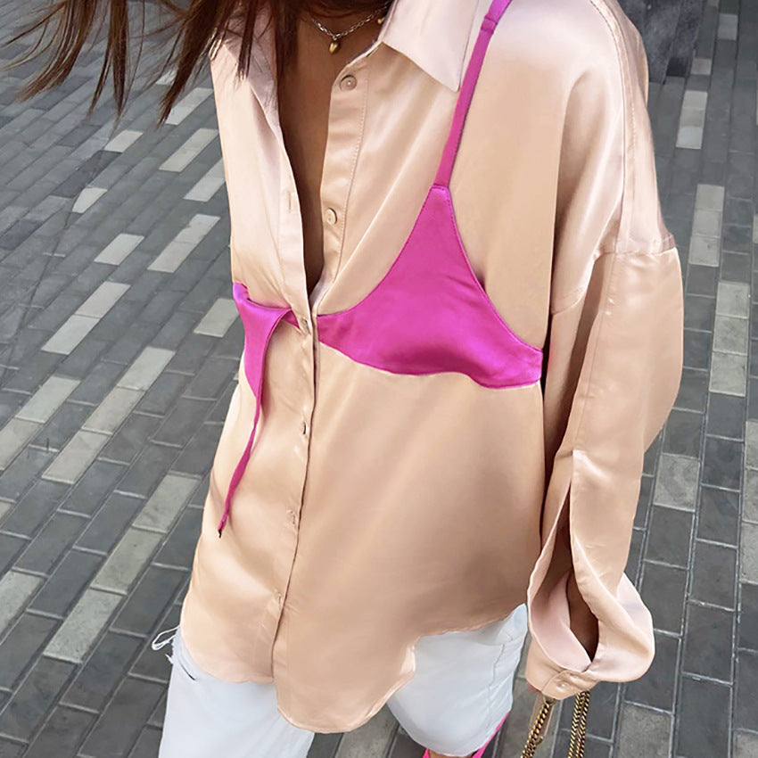 Autumn New European and American Women's Clothing Design Color Contrast Patchwork Fake Two Pieces Shirts Satin Satin Niche Long Sleeve Shirt