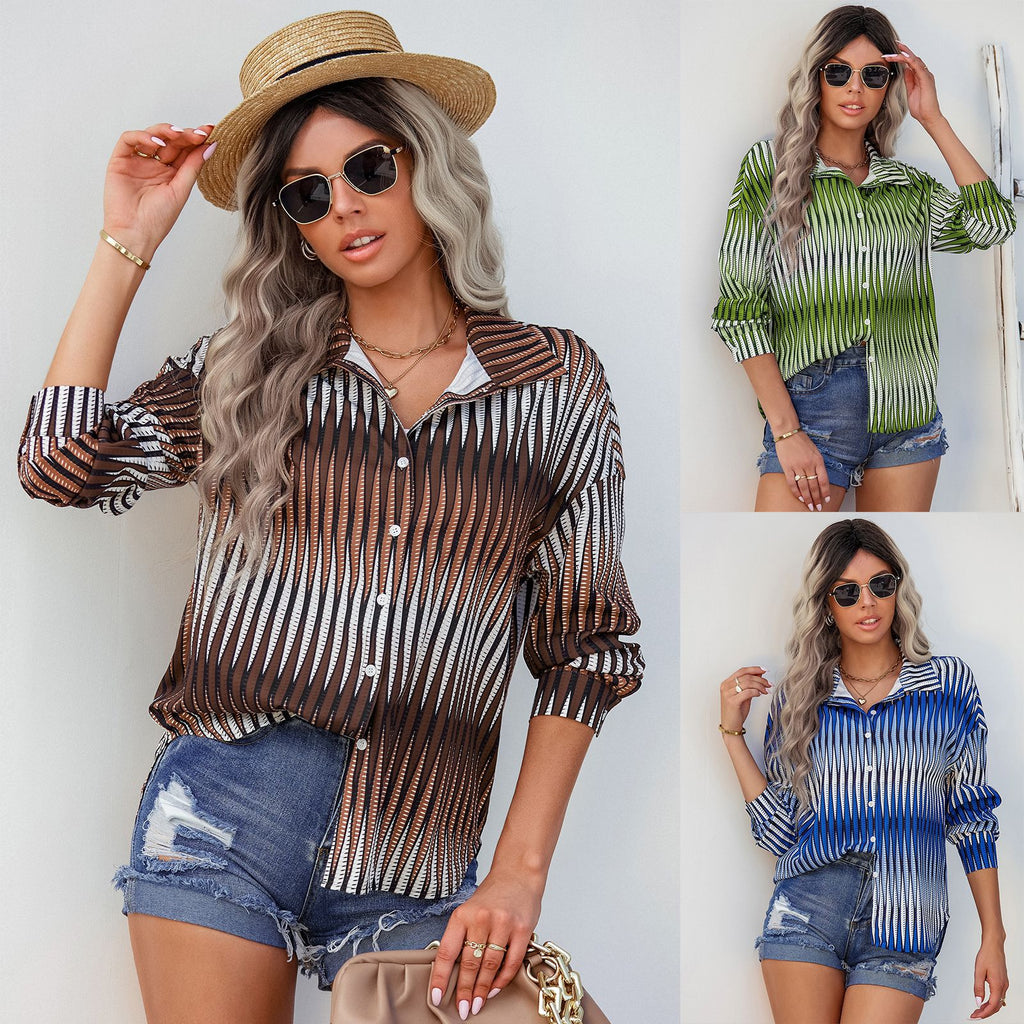 2022 Early Autumn New Fashion Loose Top Women's Lapel Long Sleeve Striped Shirt