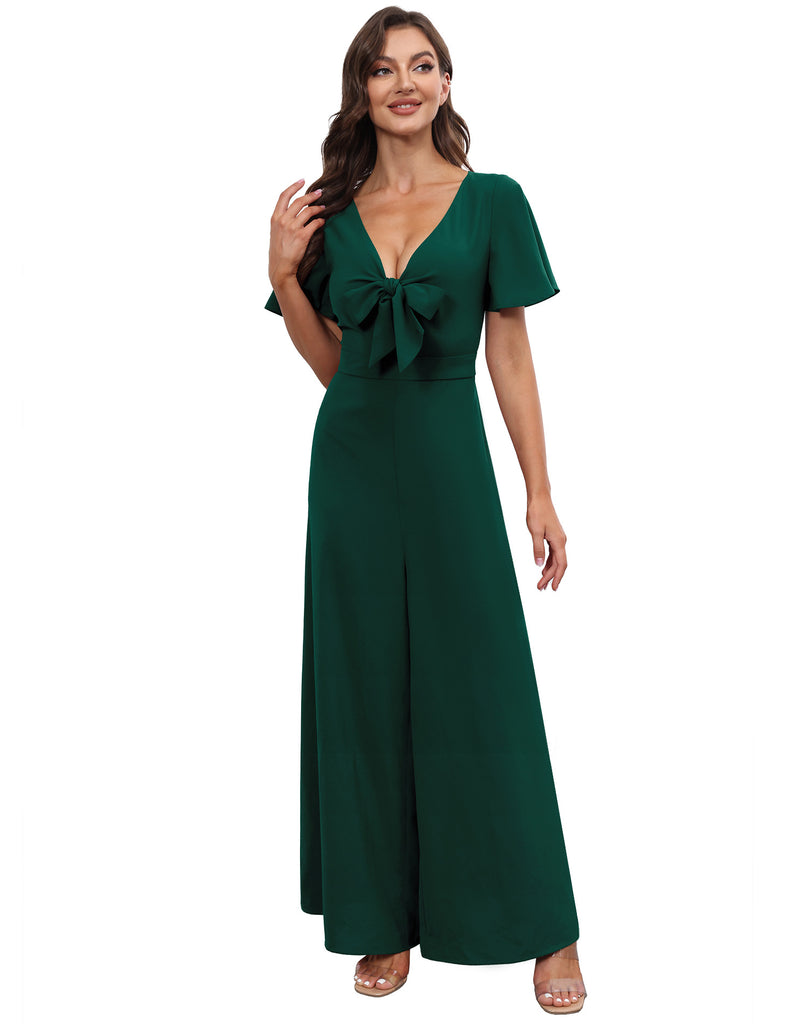 Bow V-neck Lotus Leaf Sleeves Loose Temperament Elegant Jumpsuit Chiffon Wide Leg Pants