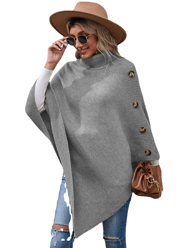 Button Turtleneck Irregular Sweater Shawl Cape Women