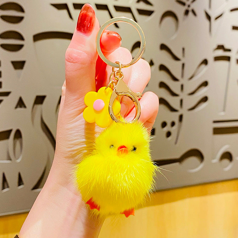 Cartoon Cute Plush Mink Fur Chicken Creative Car Keychain Schoolbag Pendant a Pair of Internet Celebrity Small Gifts