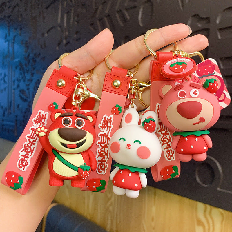 Cute Strawberry Bear Keychain Pendant Cartoon Couple Car Shape School Bag Key Chain Accessories Little Creative Gifts