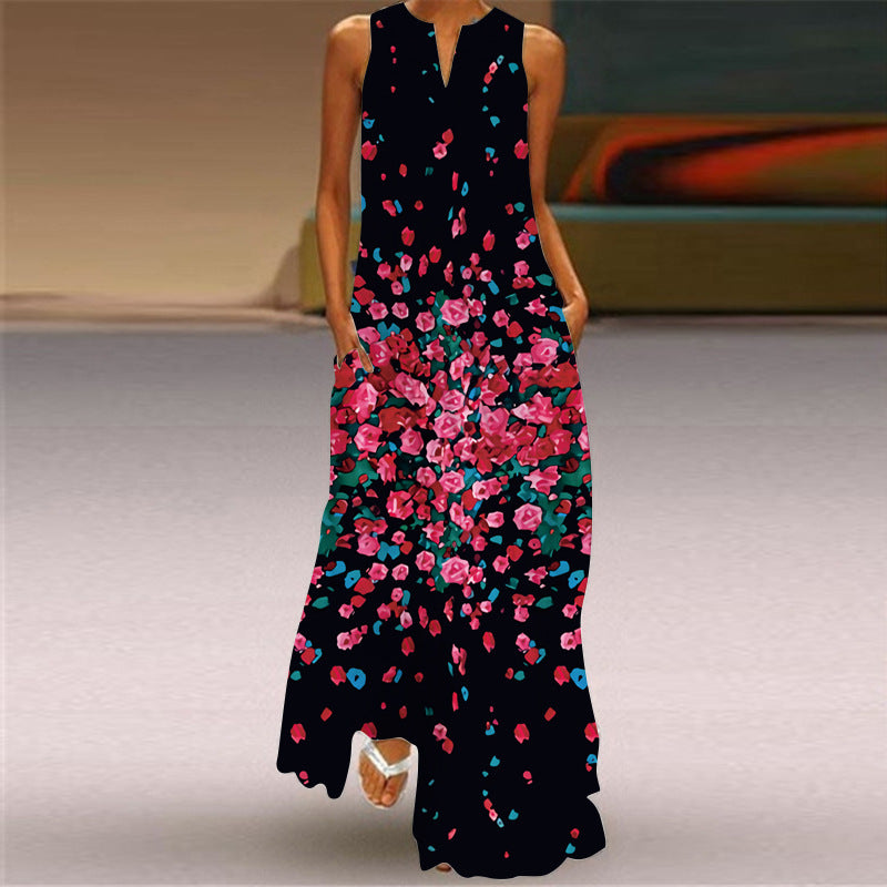 European and American Spring and Summer Fashion Printed Sexy Pocket Maxi Dress