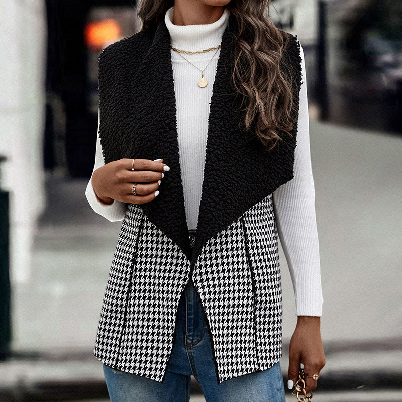 Elegant Lamb Wool Stitching Houndstooth Vest Coat