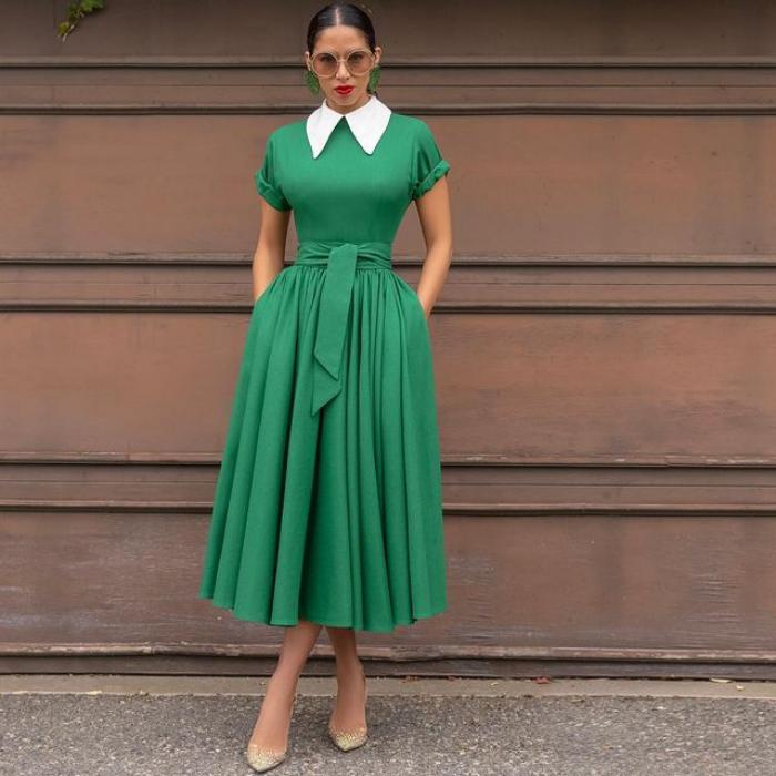 Blouse Collar Dress Temperament Commute Green High Waist Midi Skirt Belted Dress