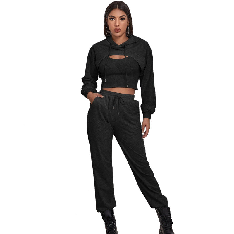 2022 Women's Spring Hoodie Loose Vest Sweatshirt and Sweatpants Sports Slow Running Three-Piece Suit