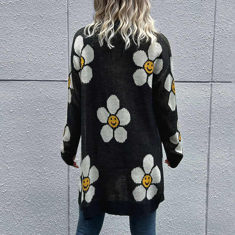 Autumn and Winter New European and American Fashion Women's Wear Flower Long Sleeve Sweater Cardigan Mid-Length
