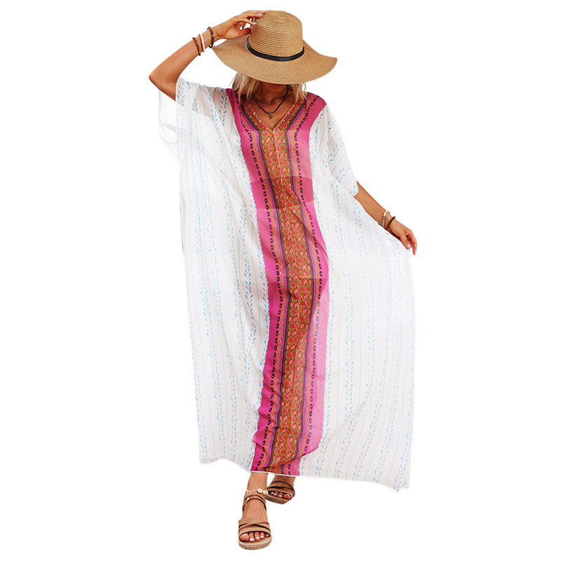 Bohemian Style Long Dress Casual Beach Half Sleeve Women's V-neck Dress