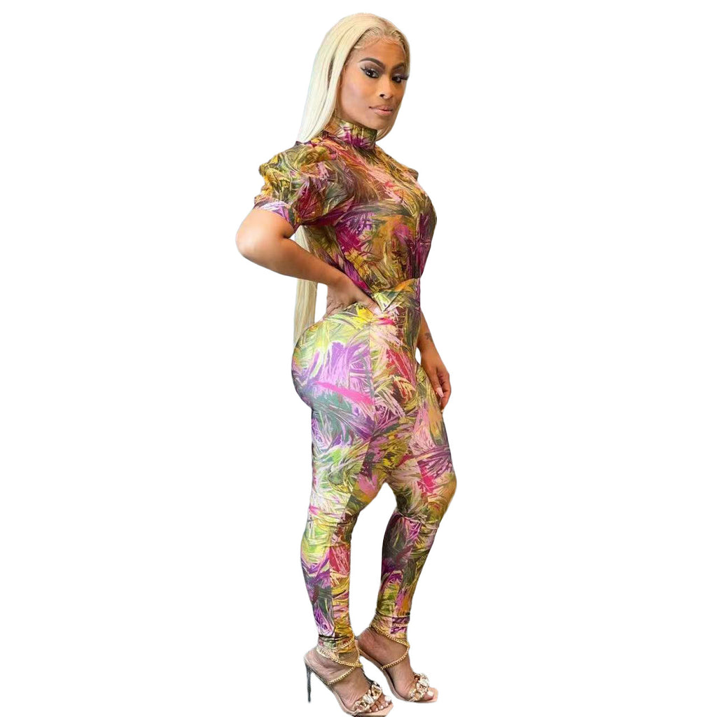 Tight Short Sleeve Printed Puff Sleeve Jumpsuit