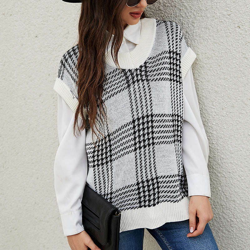 Casual Loose V-neck Sleeveless Knitted Vest Plaid Knitted Vest Sweater