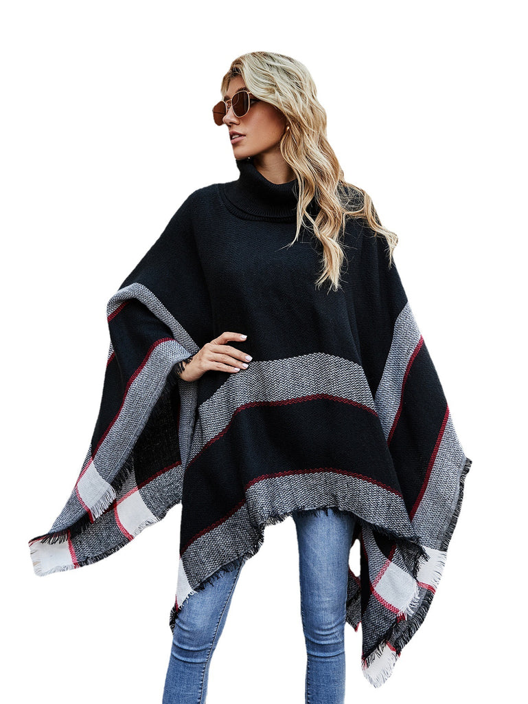 Autumn and Winter New High Neck Plaid Tassel Shawl Sweater Coat