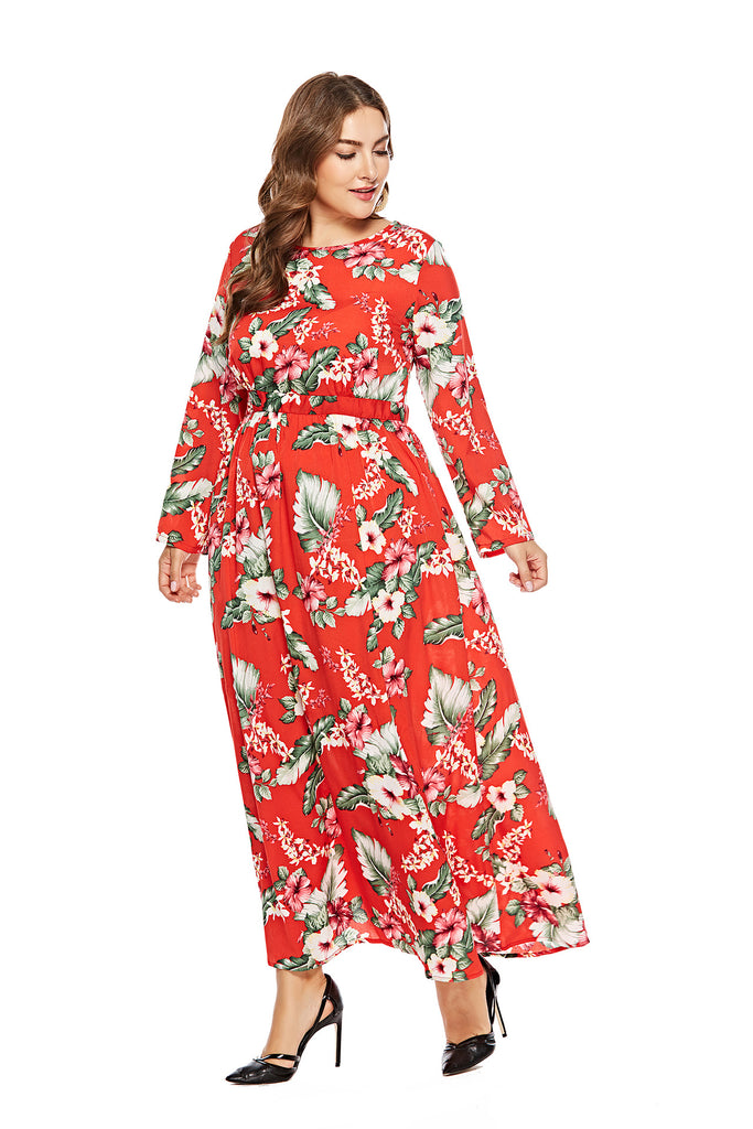 Women's Long Sleeve Big Hem Printed Chiffon Long Dress