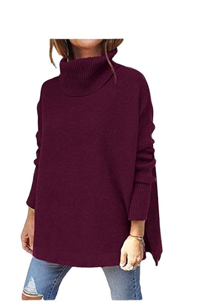 Women's Turtleneck Oversized Sweater Mid-Length Batwing Sleeve Hem Waist Pullover Sweaters Top