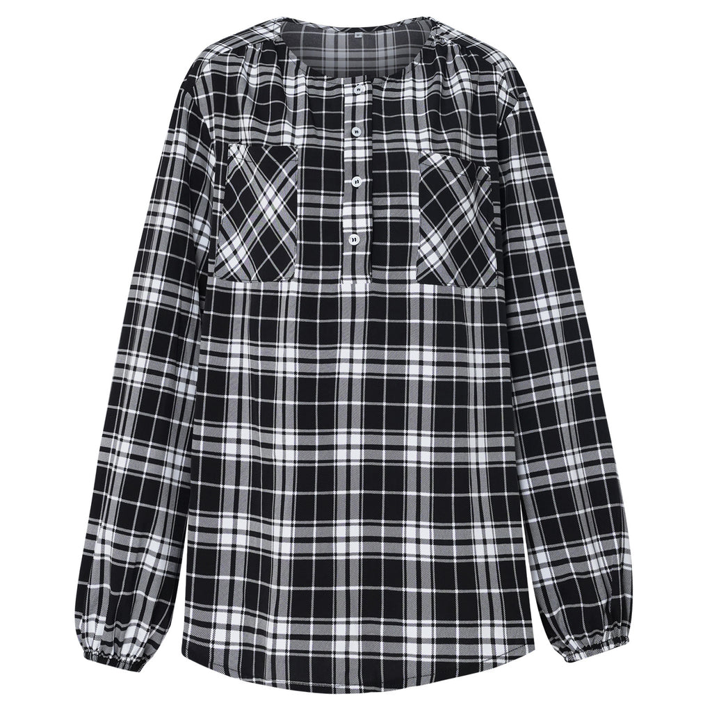 2022 Autumn New Shirt Women's Fashion Plaid Crew Neck Shirt Fashion