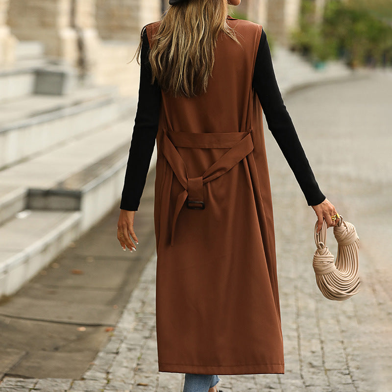 Fashion Polo Collar Sleeveless Solid Color Trench Coat Coat