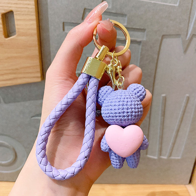 Cartoon Hug Peach Heart Woven Bear Keychain Female Cute Couple Pendant Creative Car Key Chain Ornaments