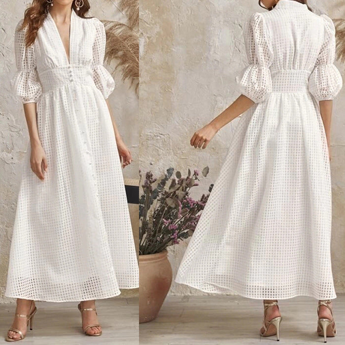 Dress Summer Elegant White Long Dress High Waist Tight Waist Plaid Dress