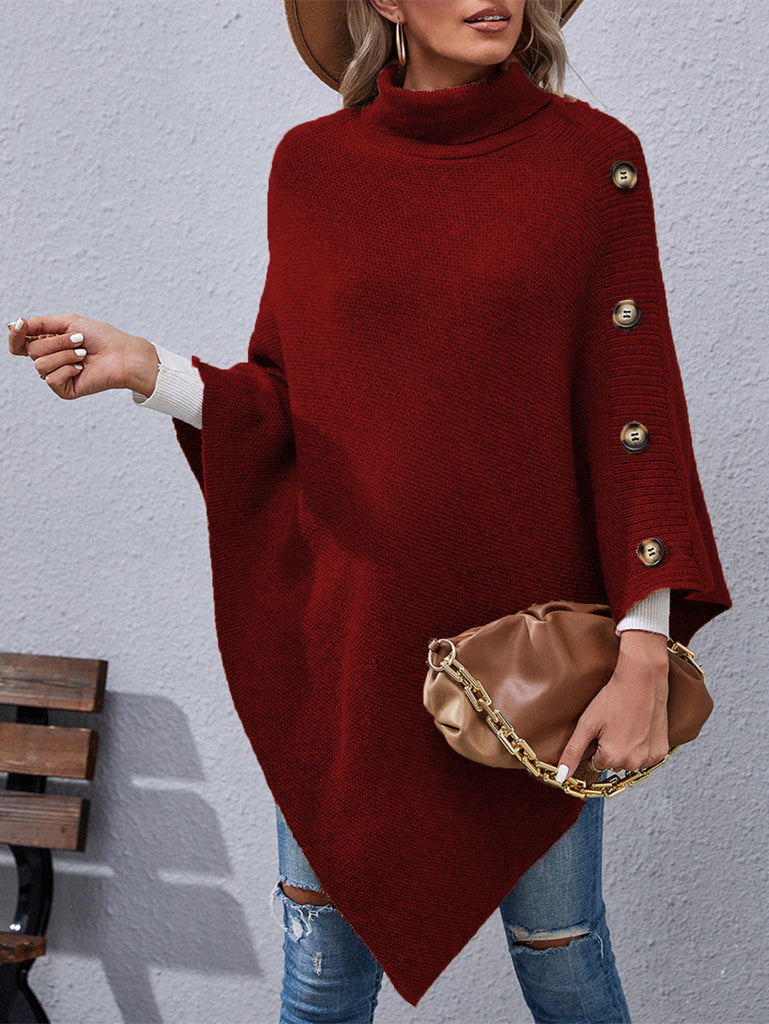 Button Turtleneck Irregular Sweater Shawl Cape Women