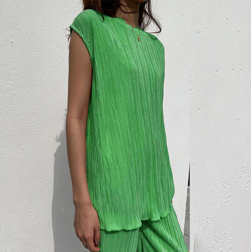 Casual Pleated Vest Pants Suit Retro Fashion Green Pleated Pleated Two-Piece Set for Women