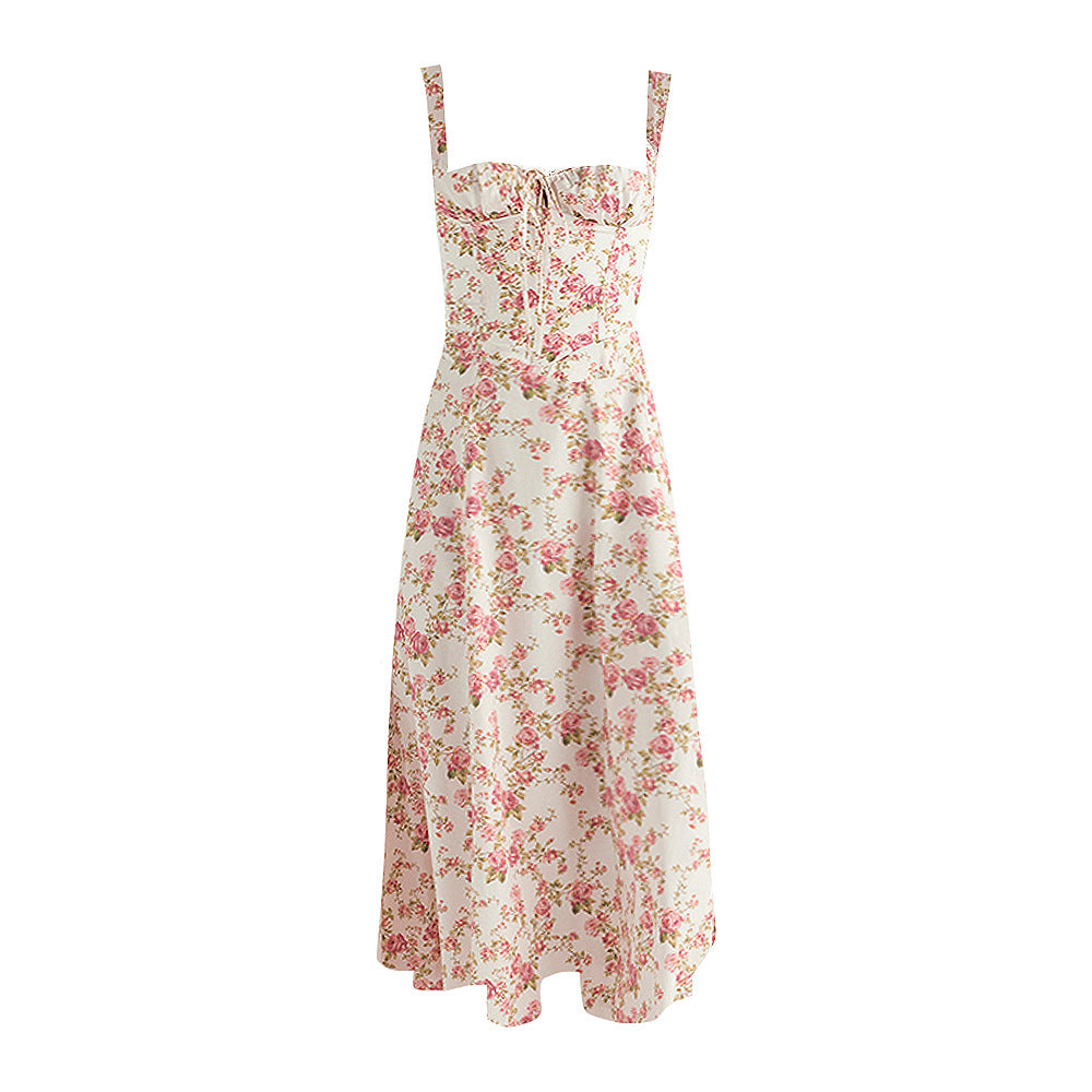 Slim Fit Slit Floral Skirt Hollow Backless Suspender Dress