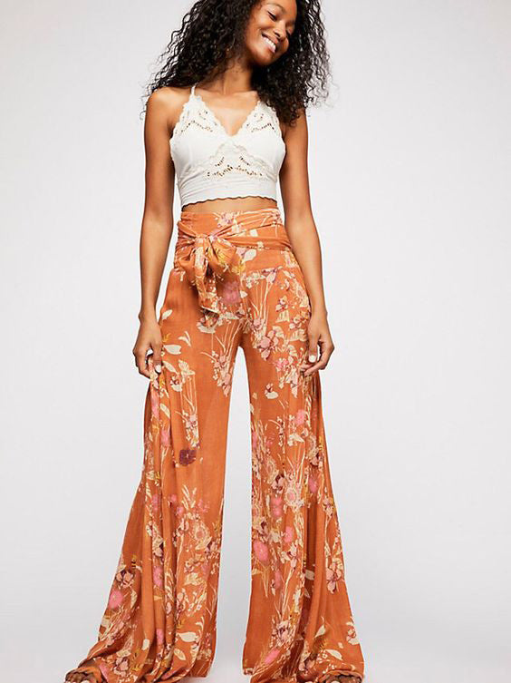 Floral Digital Printing Women's Rope Belt Casual Wide-Leg Pants Beach Vacation Bell-Bottom Pants