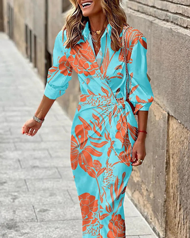 Fashionable Print Shirt Collar Lacing Mid-Length Striped Dress