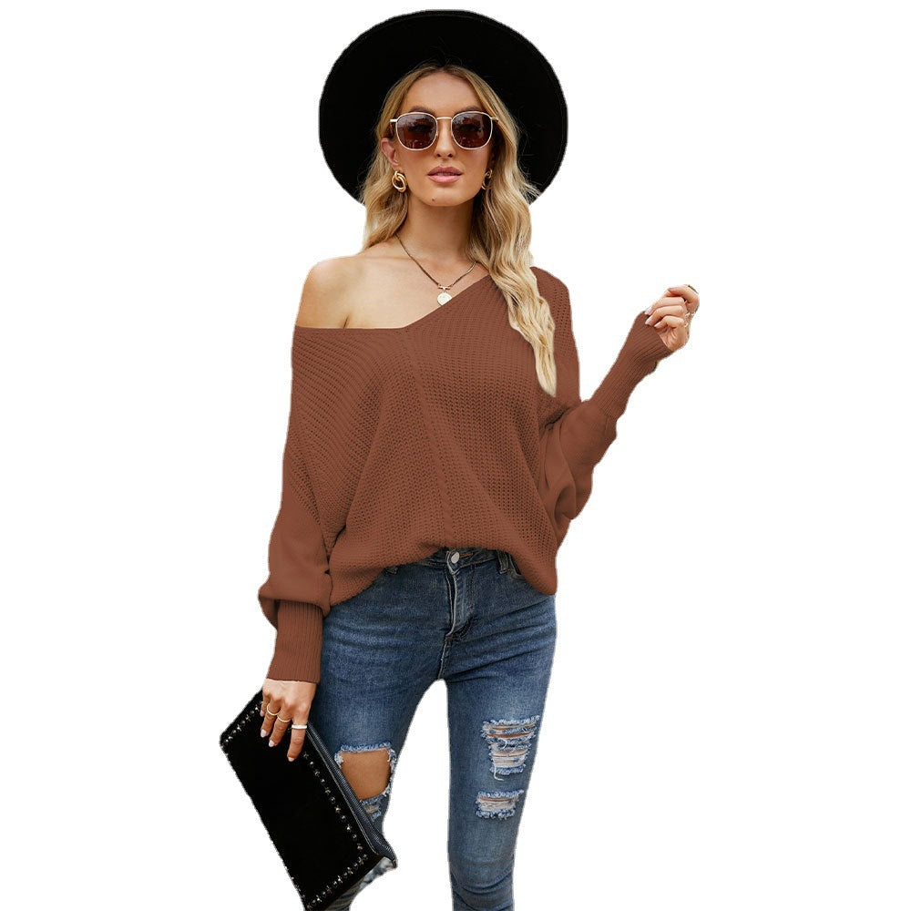 Fashion Twisted Rope Batwing Sleeve Sweater Foreign Trade Loose Pullover off-Shoulder Sweater for Women