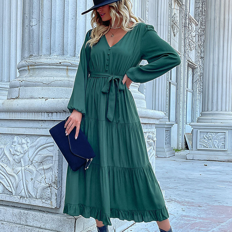 Fashion Women's Wear Autumn and Winter New Long Sleeve Pleated Green Dress