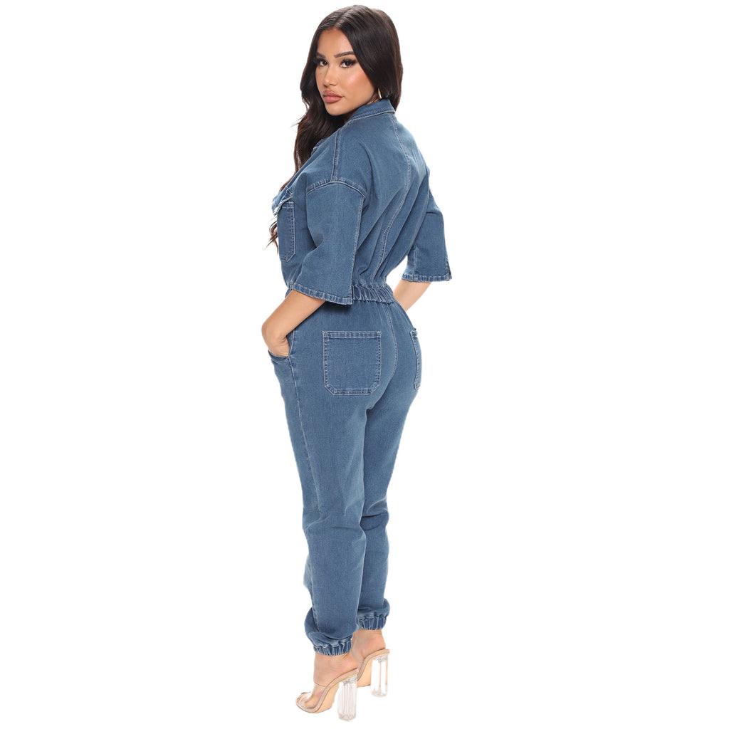 Denim Jumpsuit Europe and America Cross Border Hot Selling Slim Waist Washed Three-Quarter Sleeve Jumpsuit