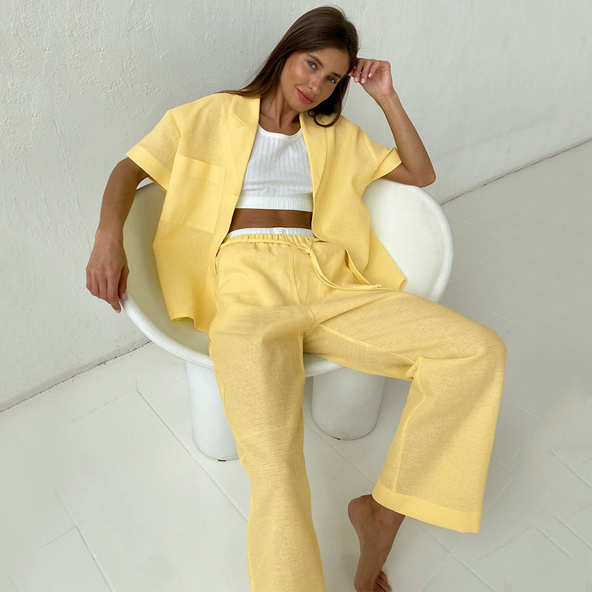 European and American Fashion Two-Piece Suit Casual Women's Clothing Irregular Collar Short Sleeve Shirt Wide Leg Pants Suit