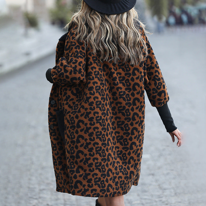 Fashion Loose Temperament Leopard Splicing Black Imitation Fur Furry Coat