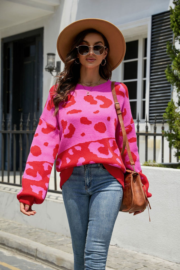 Bestseller round Neck Dual-Color Patchwork Leopard Print Knitwear Fashion Women's Sweater Women