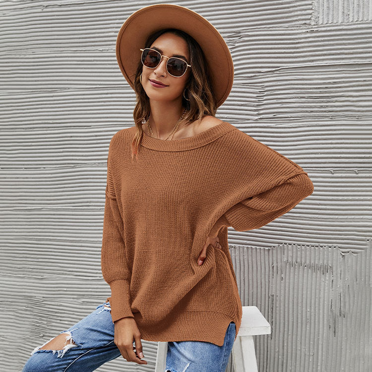 Fashion Pullover Sweater round Neck Loose off-the-Shoulder Large Size Solid Color Sweater