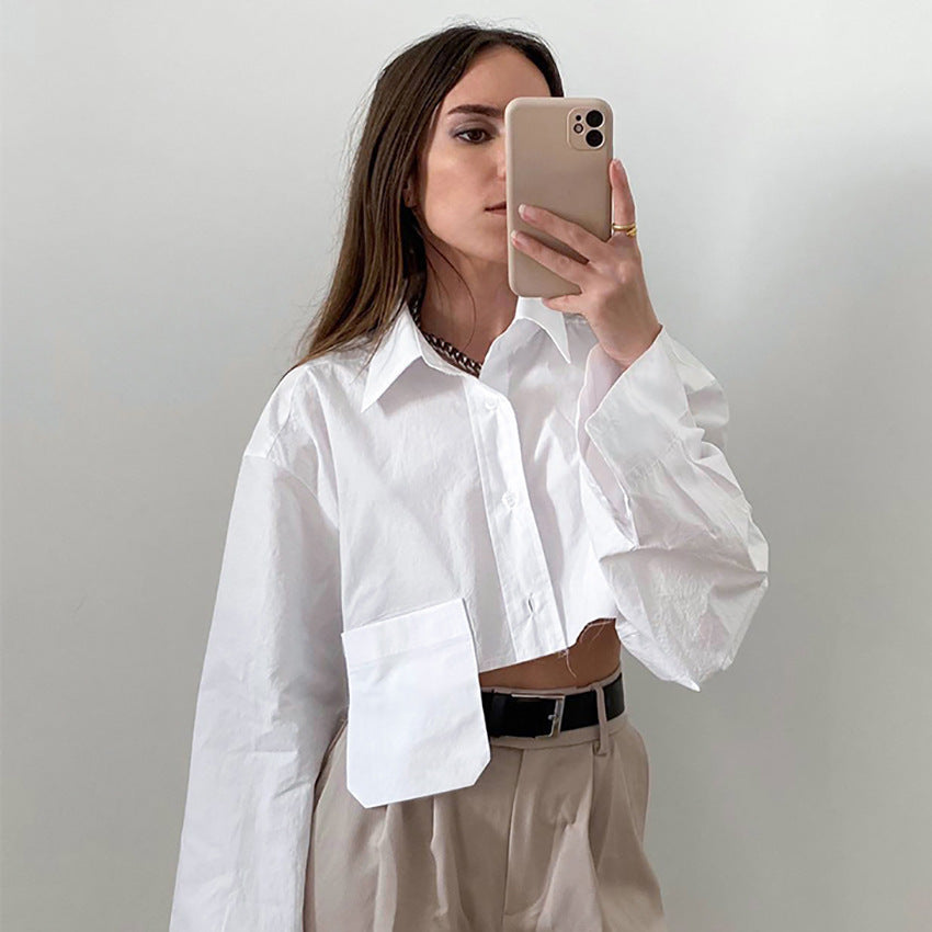 Asymmetric Short-Stitched White Shirt Cropped Fashion Casual Dignified Design Women's Clothing