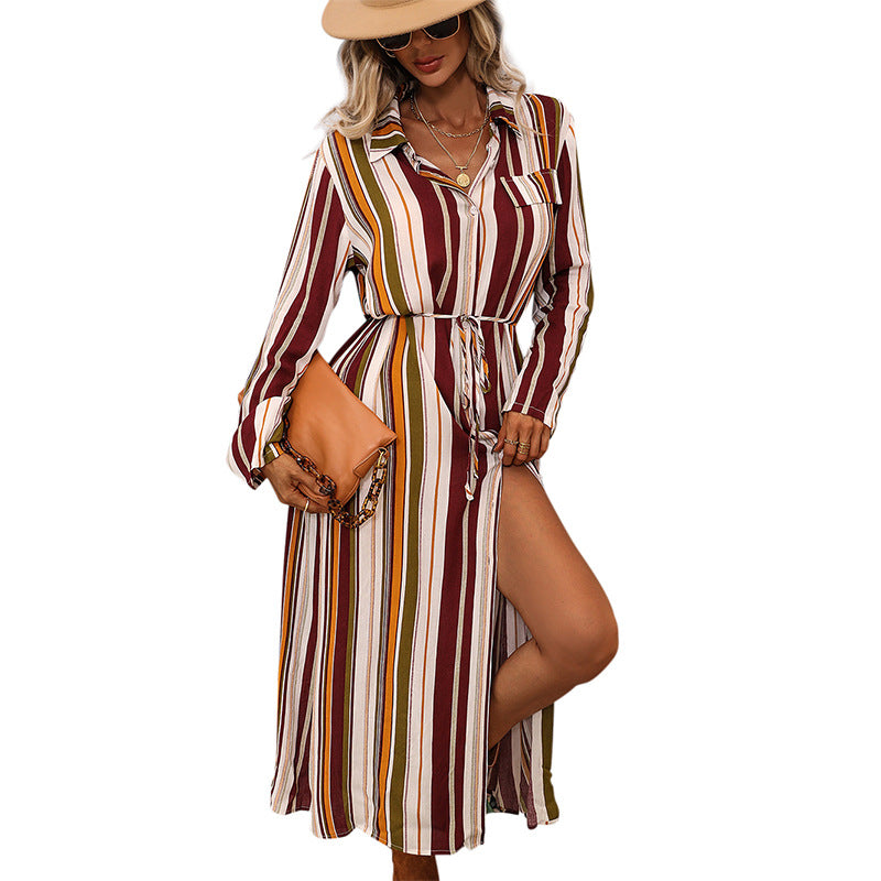 Women's Top Loose-Fitting Women's Polo Collar Stripes Cardigan Long Sleeve Shirt Coat