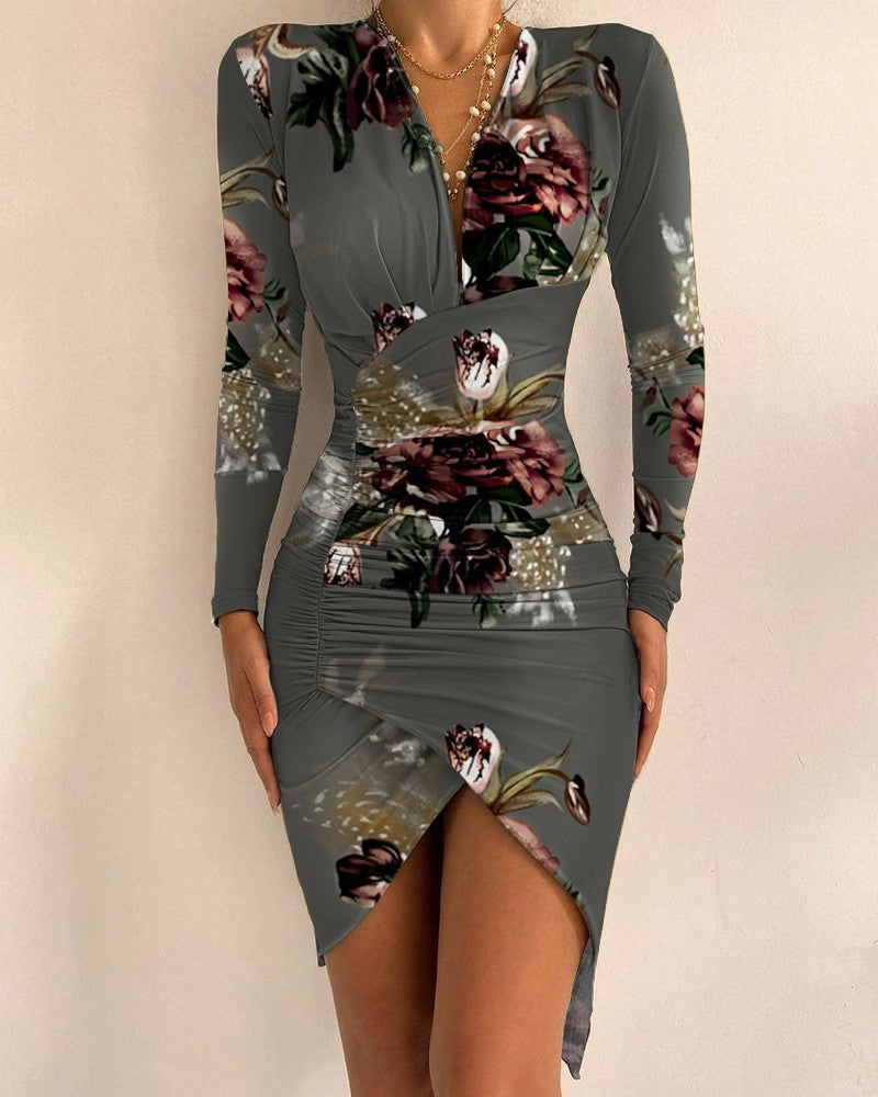 Women's Long-Sleeved V-neck Printed Tight Split Dress