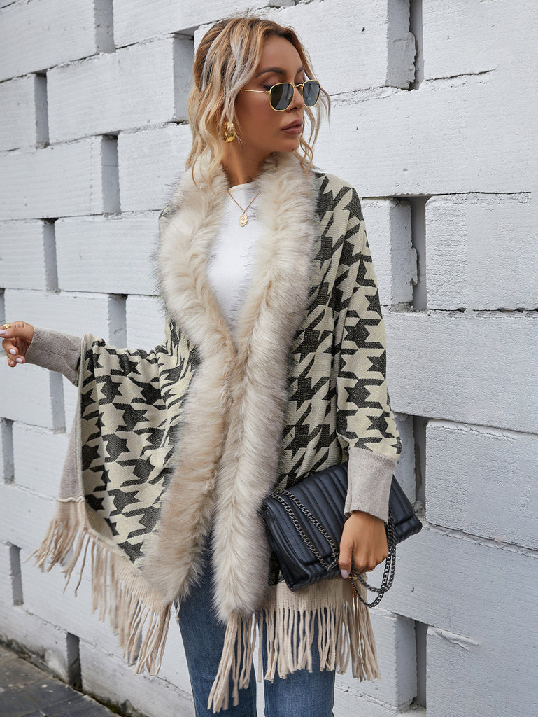 Autumn and Winter Light Luxury Fur Collar Houndstooth Tassel Shawl Sweater