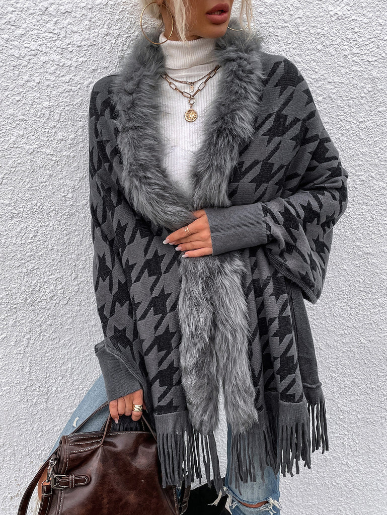 Autumn and Winter Light Luxury Fur Collar Houndstooth Tassel Shawl Sweater