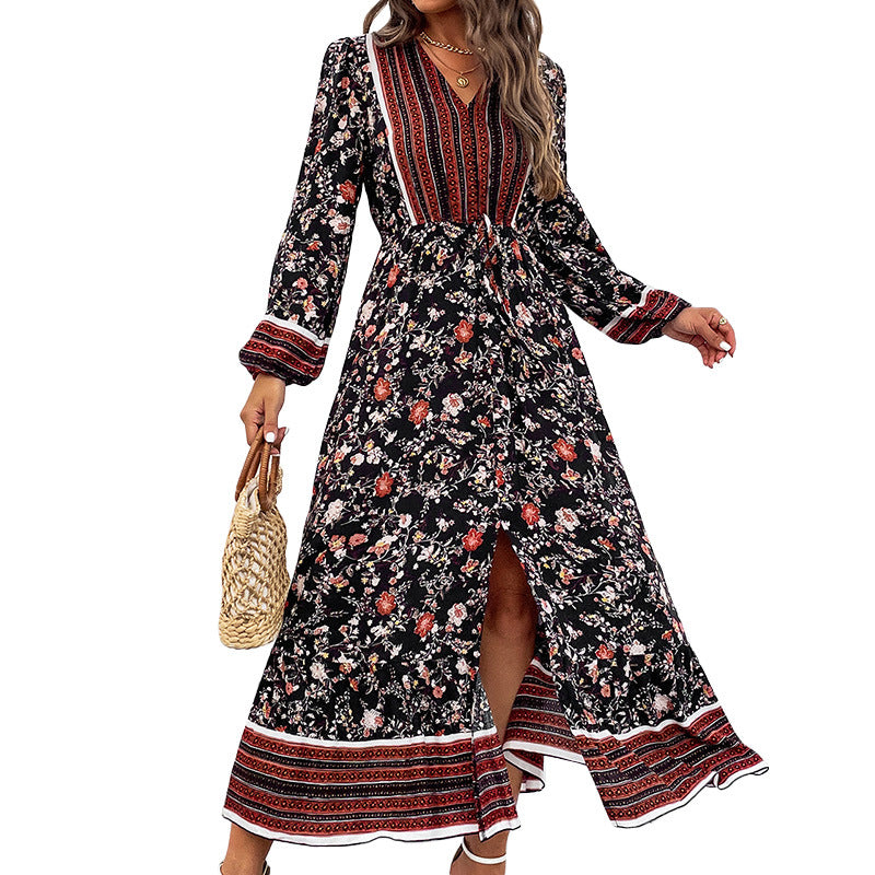 Women's V-neck Puff Sleeve Bohemian Printed Long Sleeve Split Dress