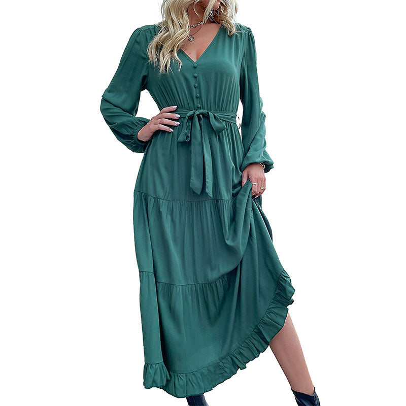 Fashion Women's Wear Autumn and Winter New Long Sleeve Pleated Green Dress