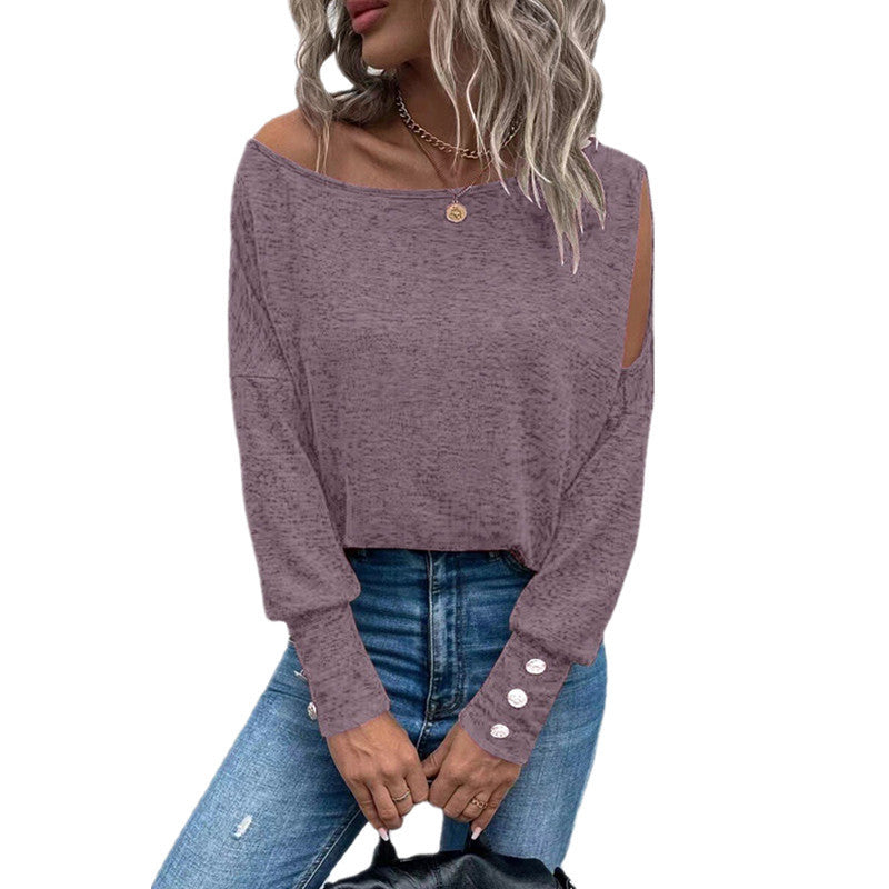 Solid Color Fashion off-the-Shoulder Cuff and Button T-shirt