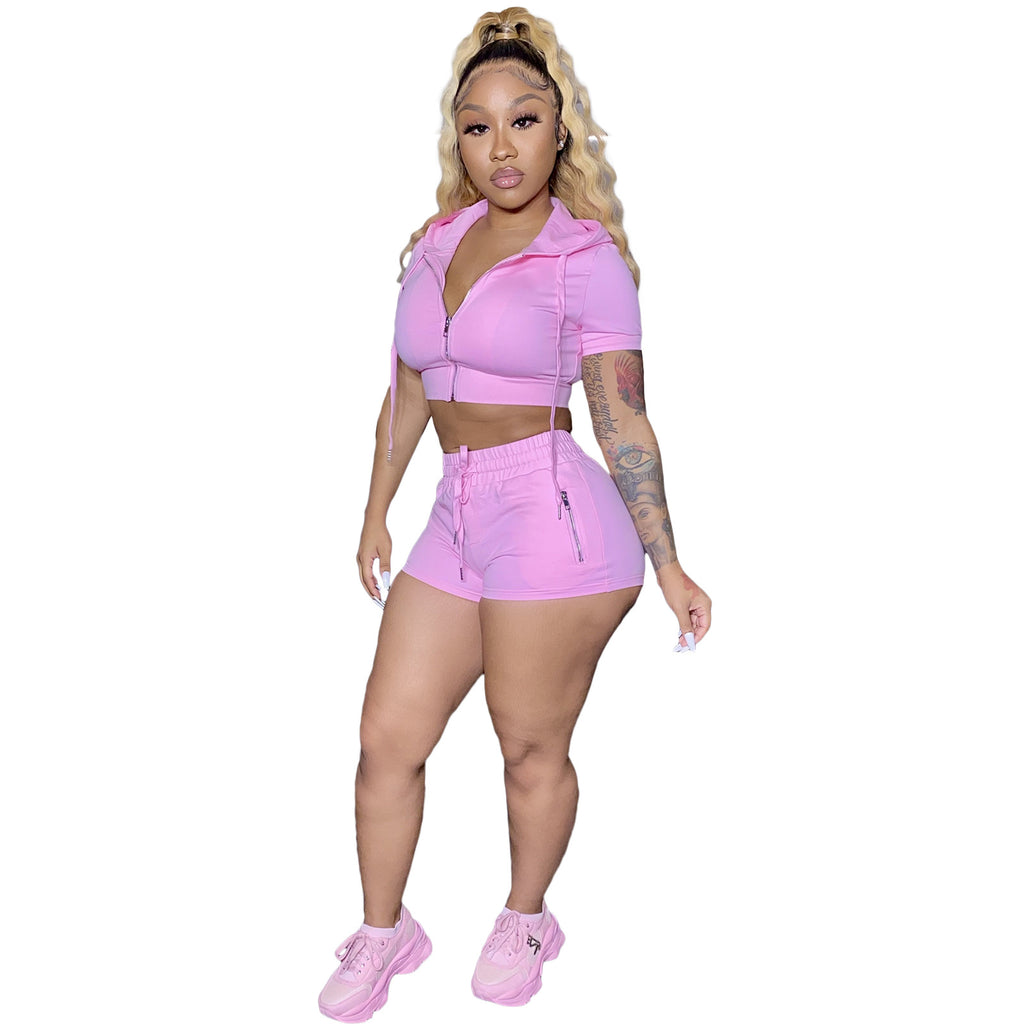 Solid Color Hooded Navel T-shirt Shorts Casual Suit Two-Piece Set