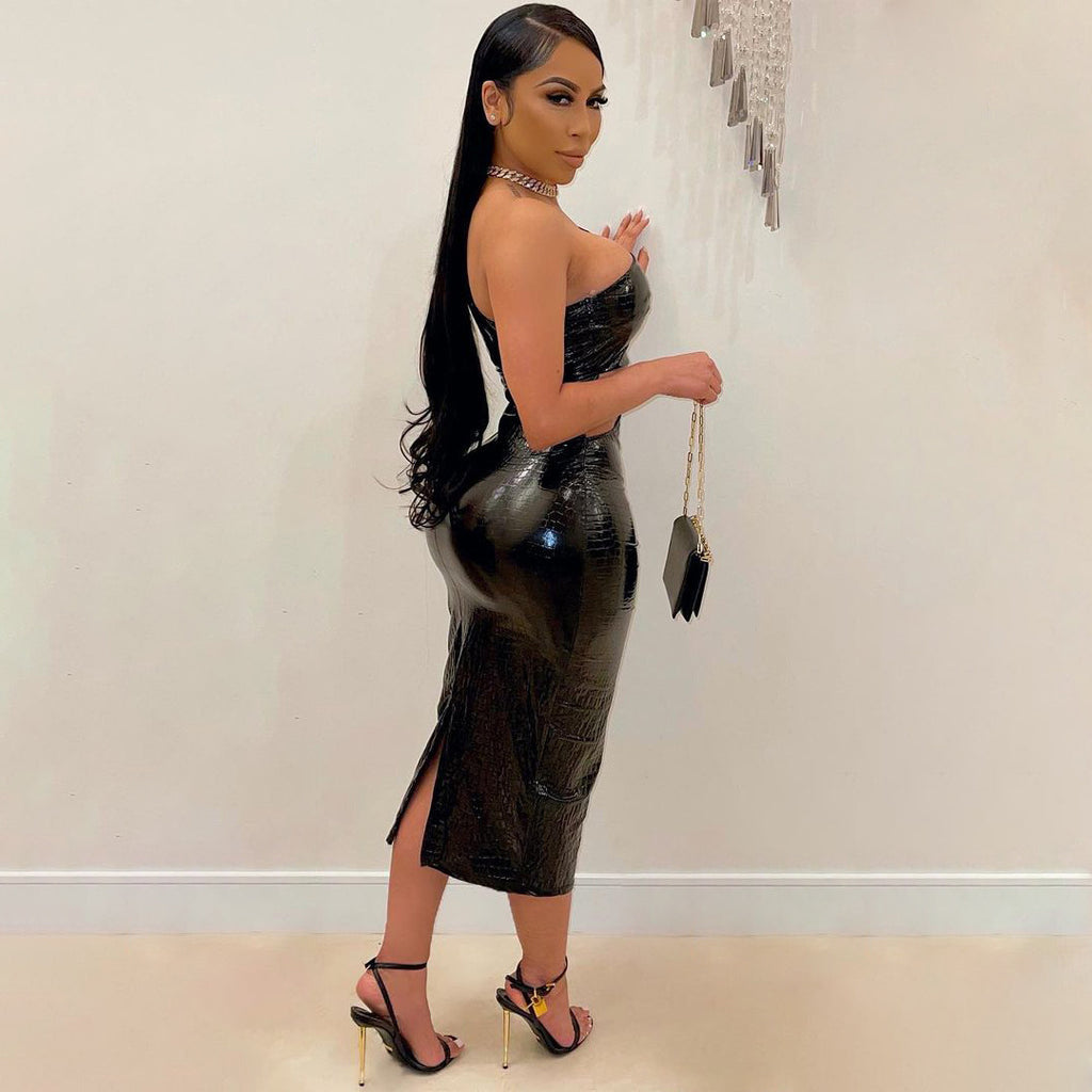 S390094 Women's new hot style PU sexy one-shoulder leather skirt tube top strap tight dress