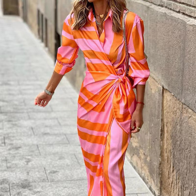 Fashionable Print Shirt Collar Lacing Mid-Length Striped Dress