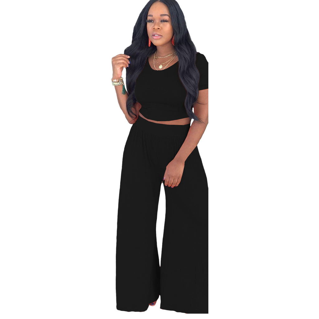 European and American Fashion Navel Solid Color Wide-Leg Pants Two-Piece Suit