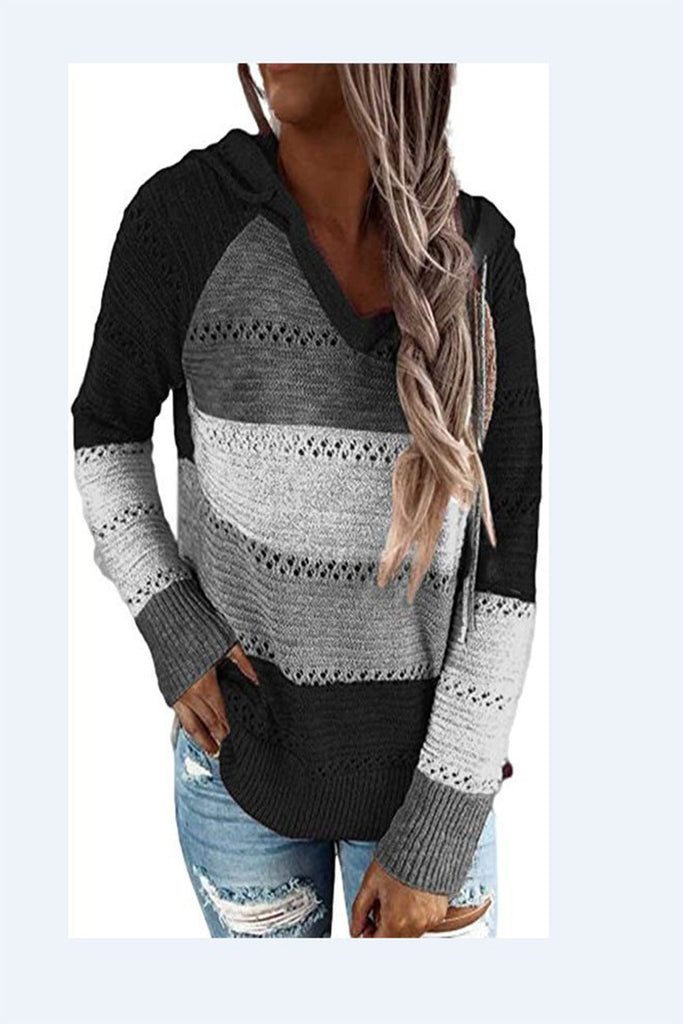 Contrast Color Sweater Women's V-neck Hooded Knitted Sweater for Women