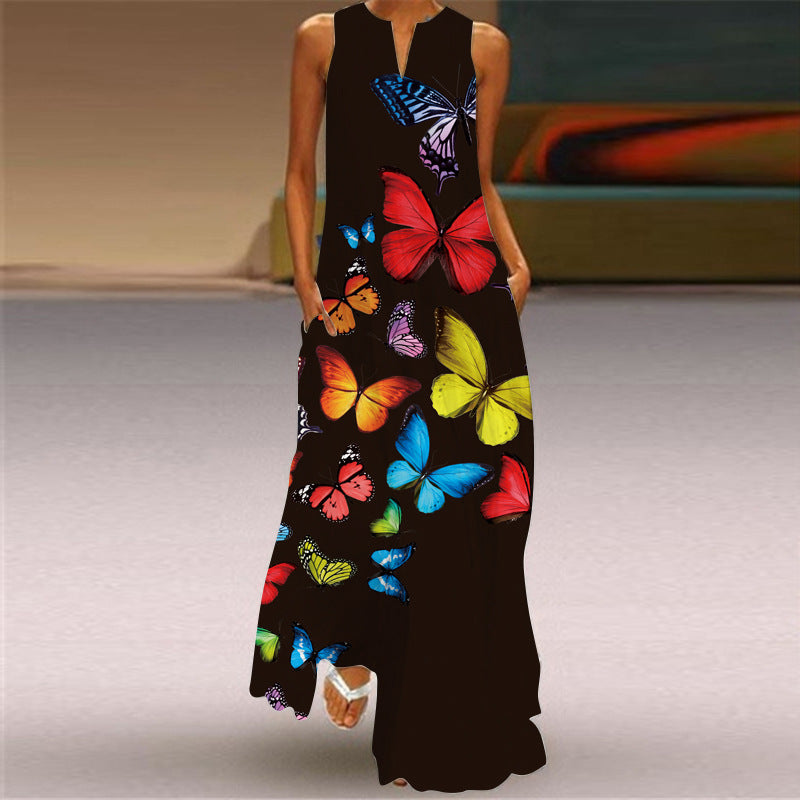 European and American Spring and Summer Fashion Printed Sexy Pocket Maxi Dress