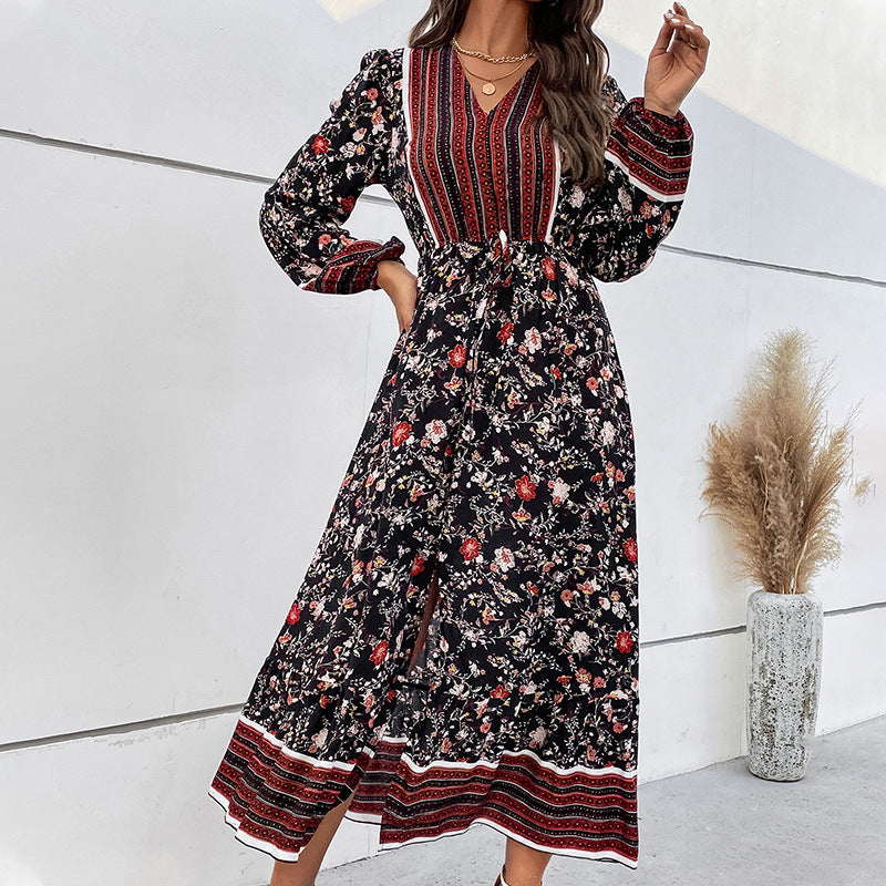 Women's V-neck Puff Sleeve Bohemian Printed Long Sleeve Split Dress