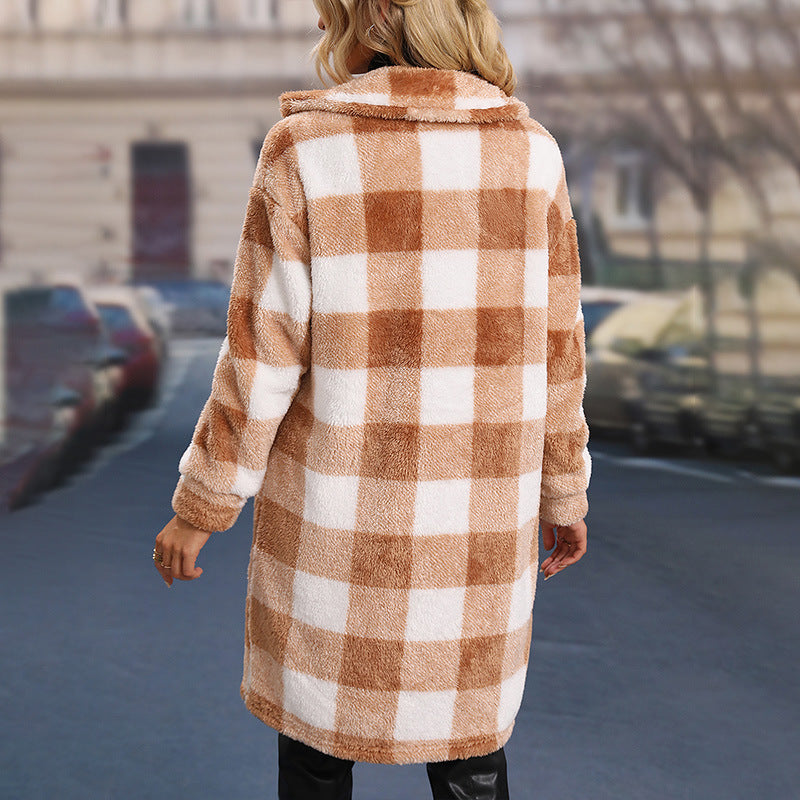 Casual Mid-Length Double Pocket Plaid Warm Furry Coat