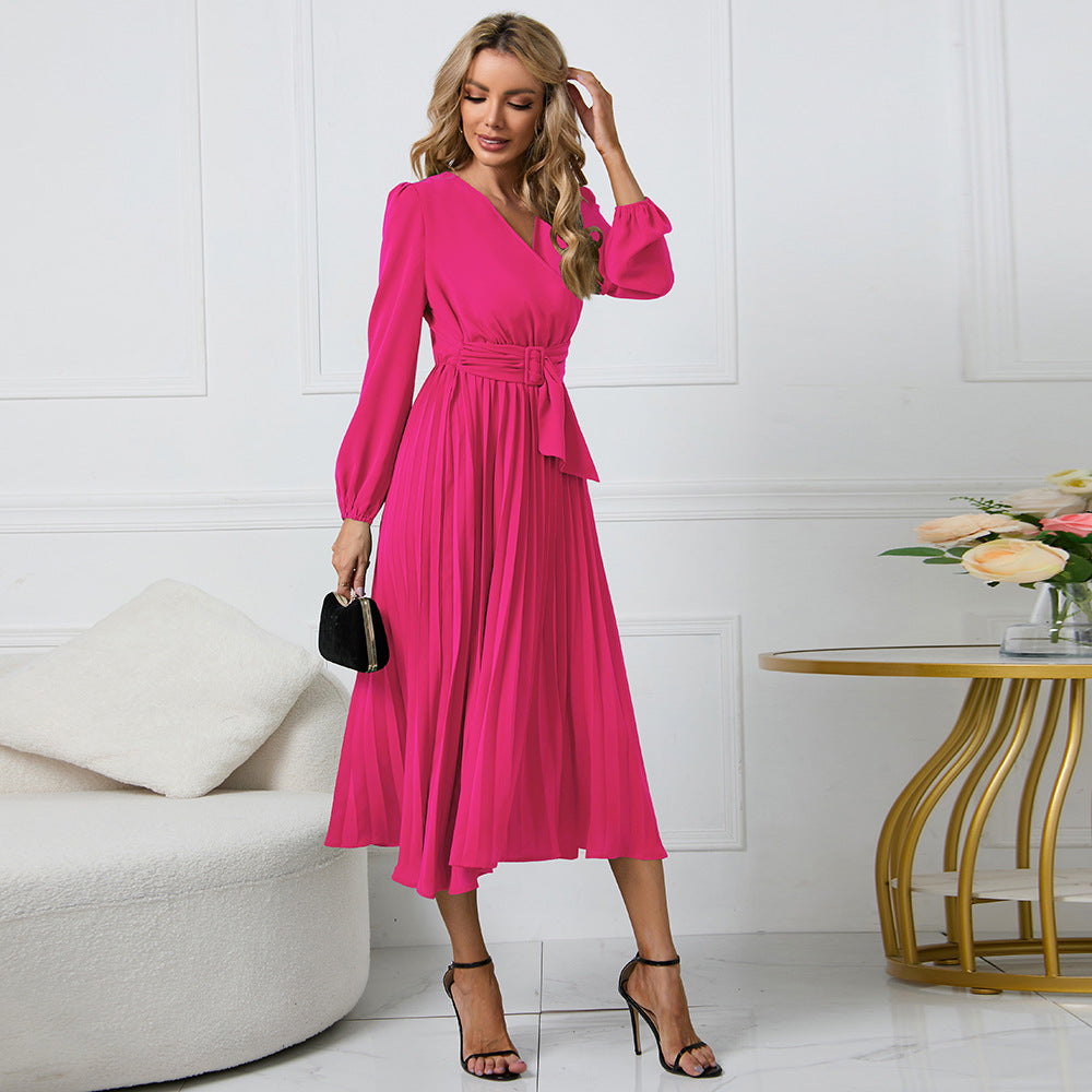 Women's New Long Sleeve Slim-Fit Pleated Belt V-neck Dress A- line Skirt